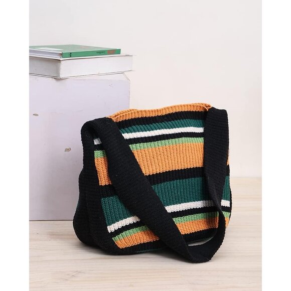 Women's Black-A Shoulder Handbags Crocheted Bags Large Knit Bag Tote Bag - Picture 5 of 9